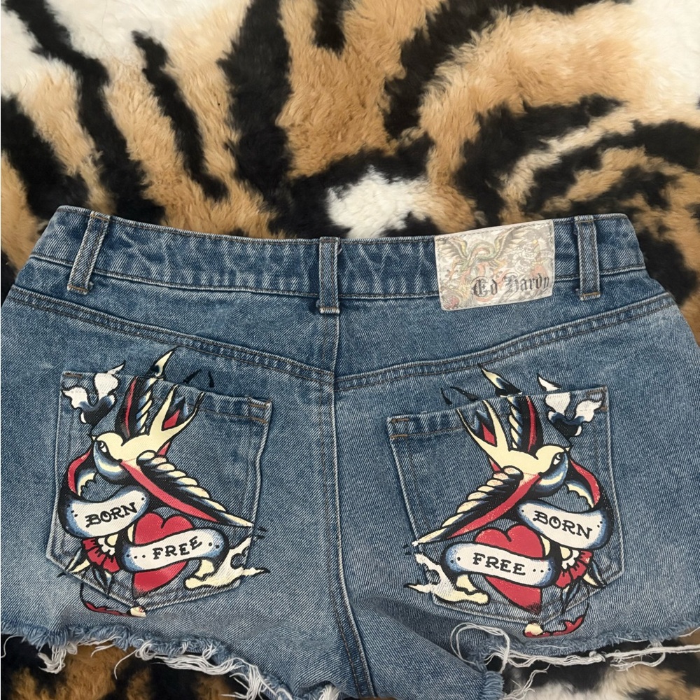 Ed Hardy Blue Jean Shorts with Tattoo Embroidery